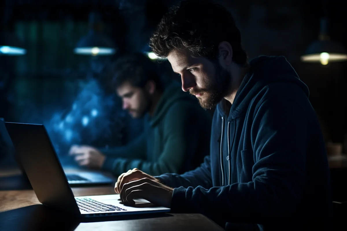 A focused man works on a laptop in a dark, blue-lit room, possibly coding or hacking.