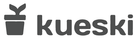 Dark gray Kueski logo featuring a potted plant icon and the company name on a dark green background.