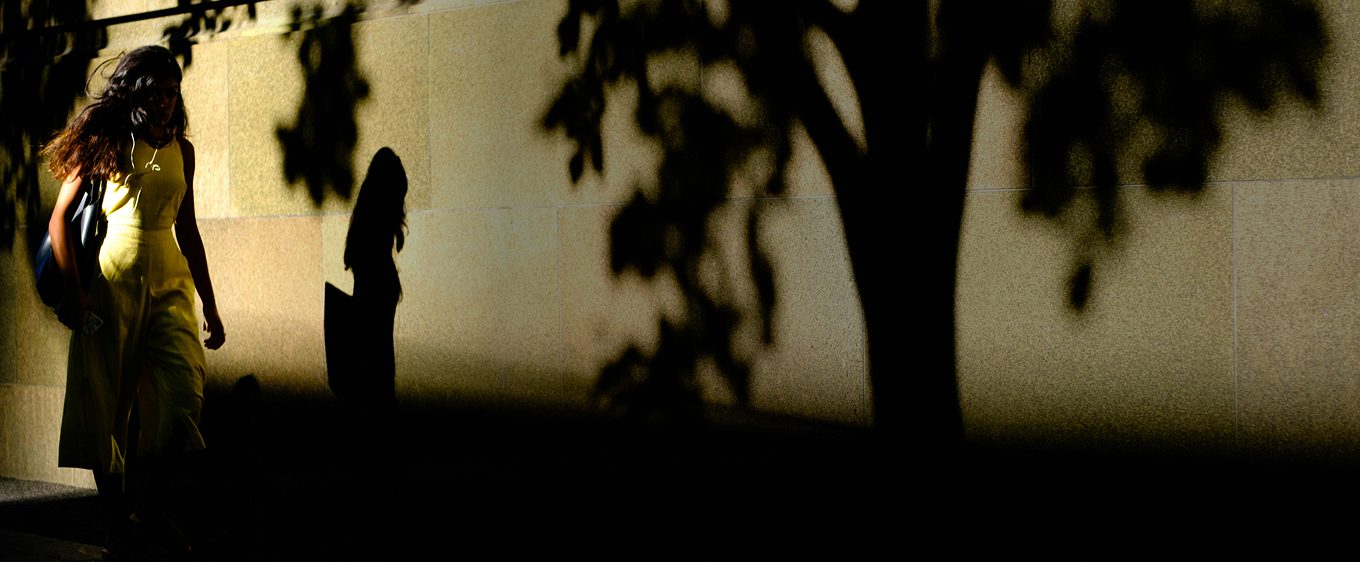 A woman in a yellow dress walks past a wall with abstract tree and human shadows cast by strong sunlight.