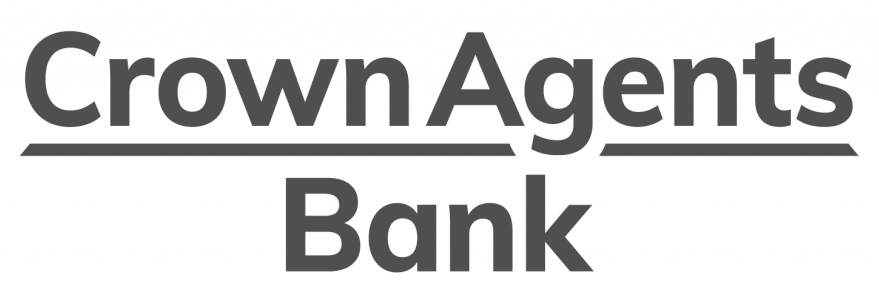 Dark gray text "Crown Agents Bank" logo with an underline on a textured green background.