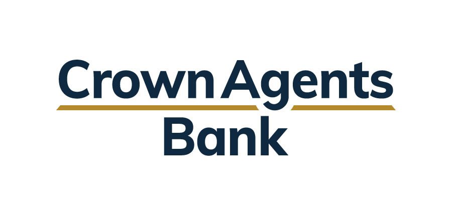 Crown Agents Bank logo, dark blue text with a gold underline.