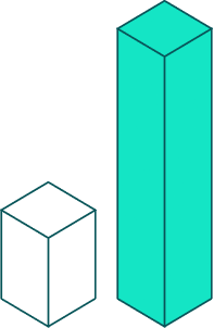 A small outlined cube next to a tall teal rectangular prism.