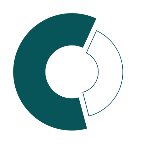 A stylized teal letter C, half solid and half outlined, on a dark green background.
