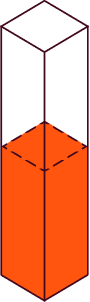 A transparent cube is partially filled with orange liquid, shown in isometric view.
