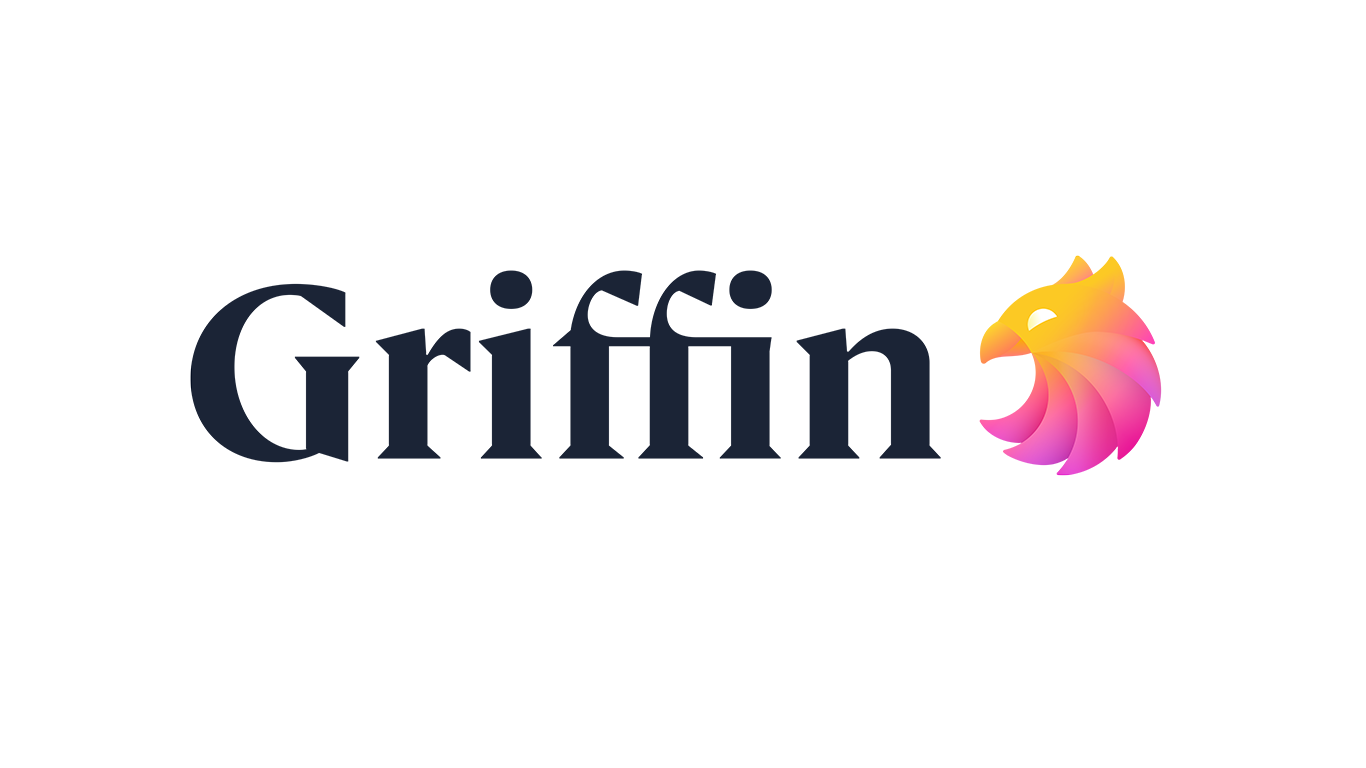 "Griffin" logo, dark blue text with a stylized, gradient yellow-to-pink griffin head.