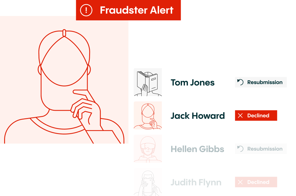 Fraudster Alert screen showing a pensive person icon and a list of user statuses: Resubmission or Declined.
