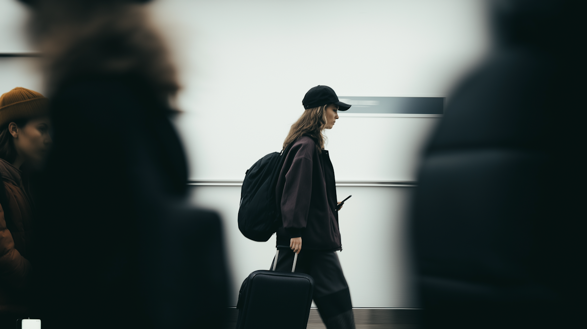 A young woman wearing a cap, backpack, and jacket, pulling a suitcase, walks past a blurred figure.