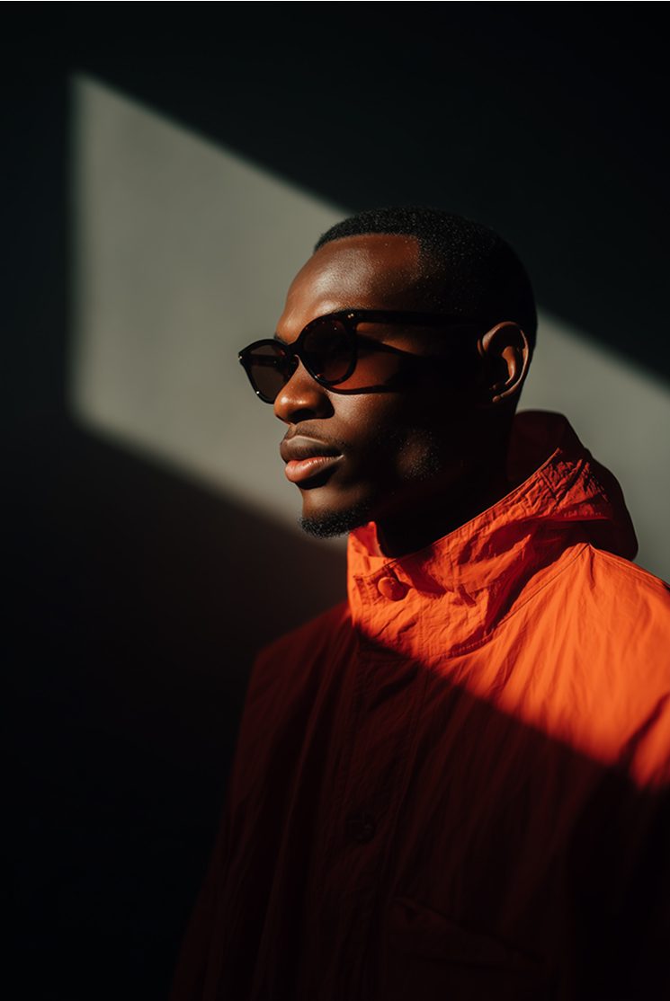 A man wearing sunglasses and an orange jacket, partially illuminated by sunlight, looking to the side.