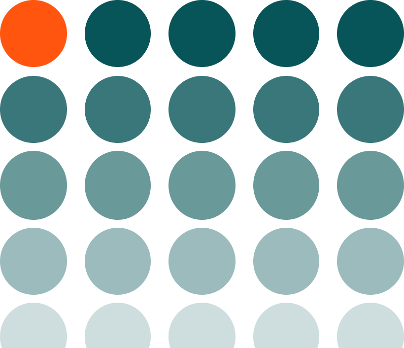 A grid of twenty-five circles, one orange in the top-left, the rest dark teal on a black background.