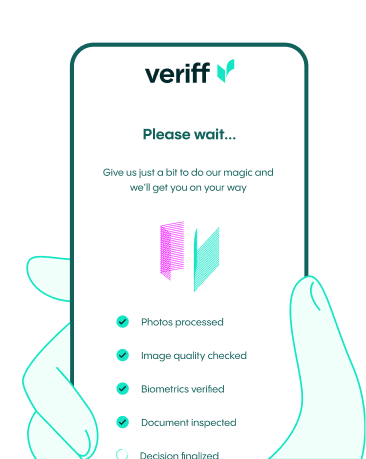 Veriff's identity verification "Please wait" screen on a smartphone, showing processing steps.