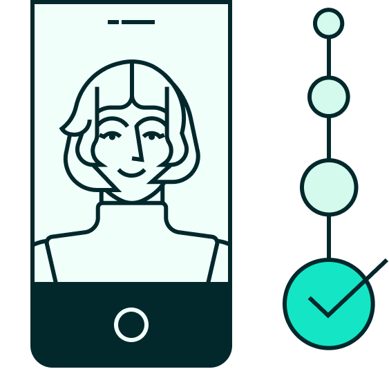 A smartphone displaying a user profile next to a vertical timeline with steps and a checkmark.