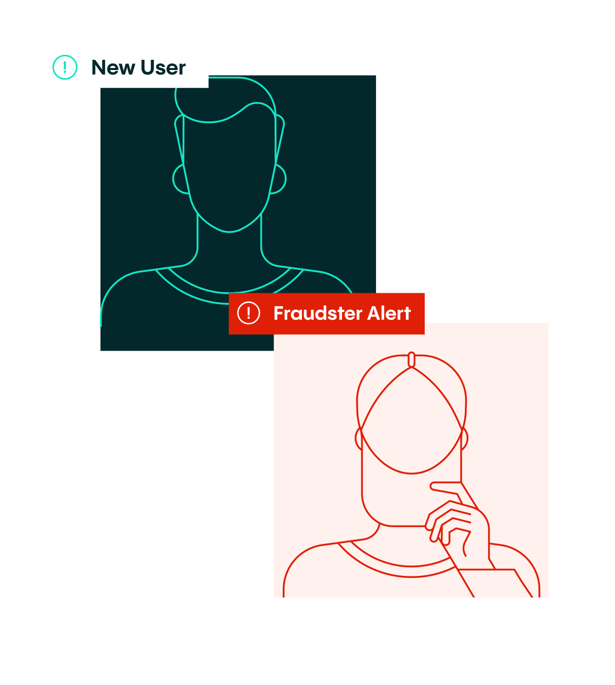 Illustration contrasting a blue "New User" profile with a red "Fraudster Alert" profile.