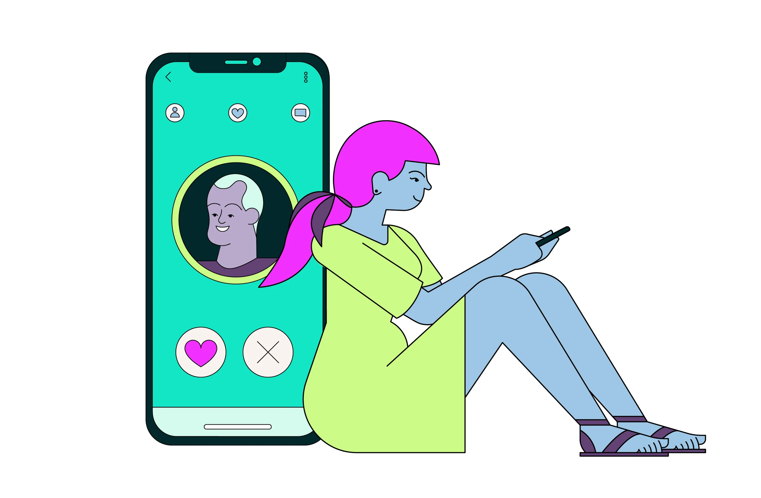 A woman sits, looking at her smartphone displaying a dating app with a man's profile.