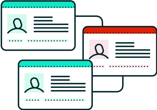 Three linked ID cards (2 teal, 1 red) with profile icons and text fields.