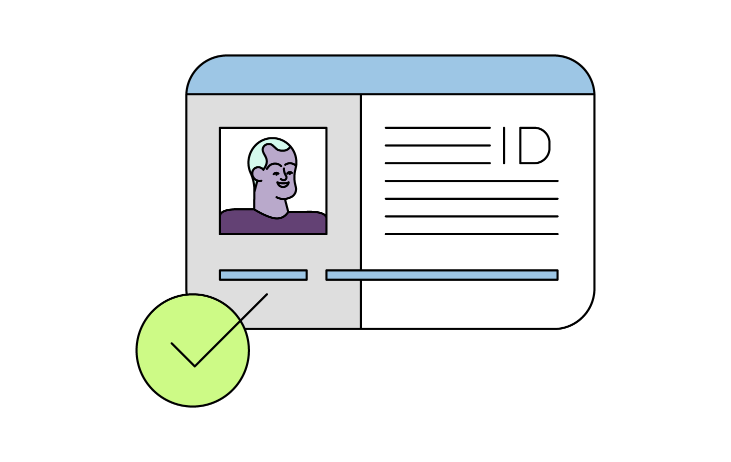 ID document with profile pic, 'ID' text, and green checkmark.