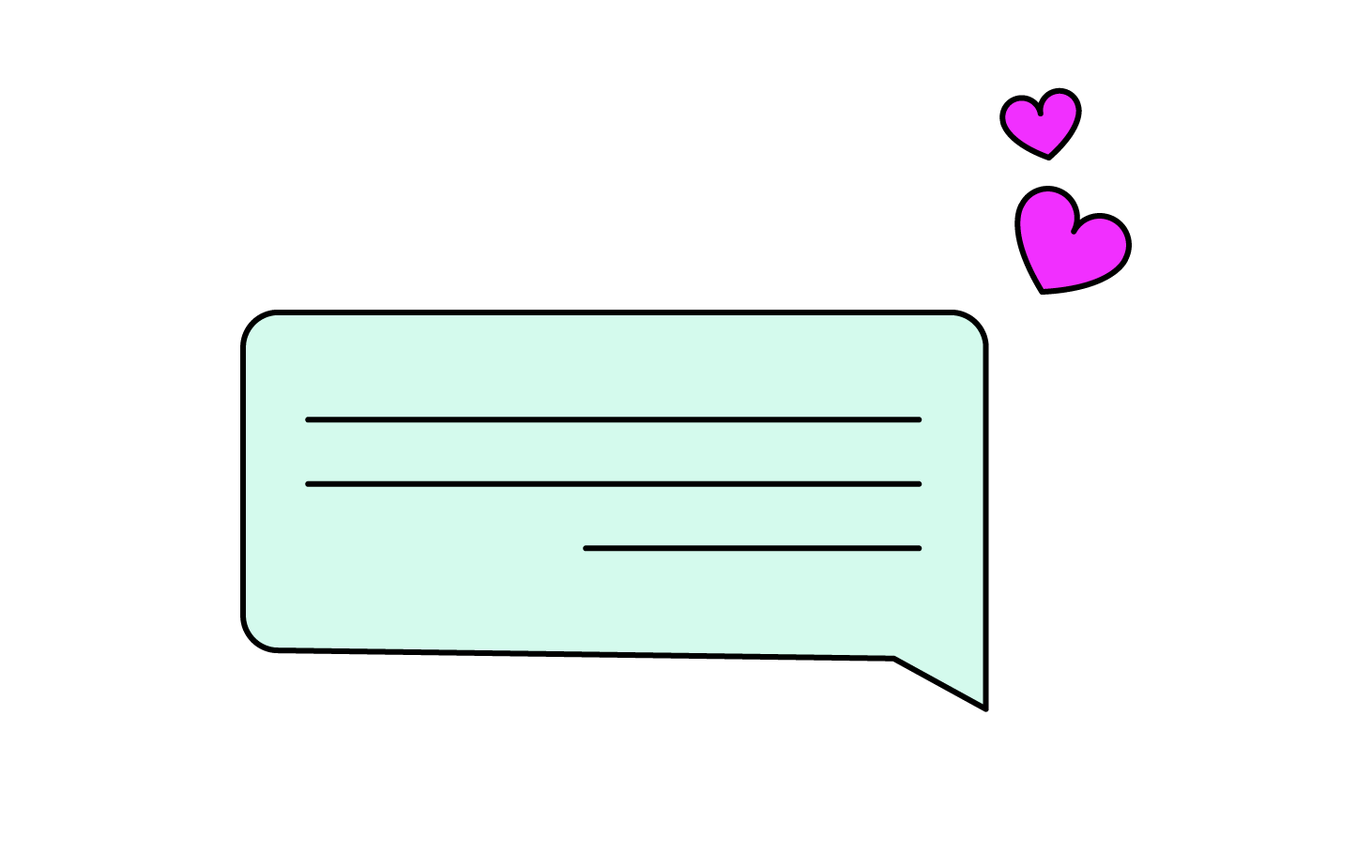Light blue chat bubble with text lines and two pink hearts on a dark green background.