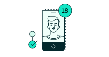 Man's profile on phone with '18' for age verification and a completion checkmark.