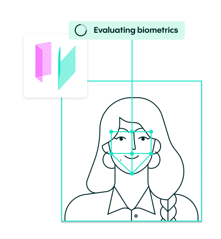 Woman's face with biometric scan points; text: "Evaluating biometrics".