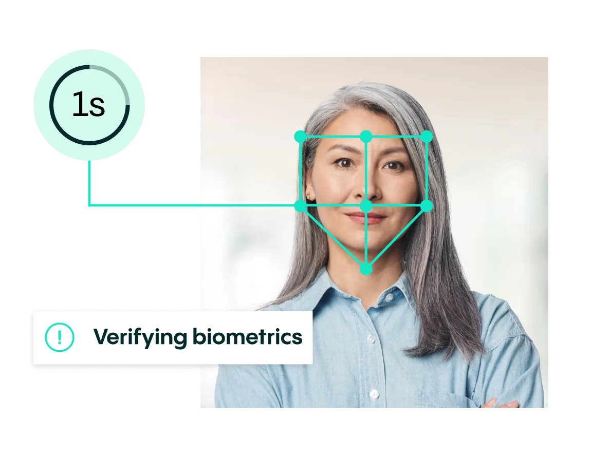 Biometric face verification of a woman, showing a 1-second processing time.