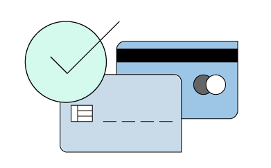 Two credit cards (front and back) with a checkmark.
