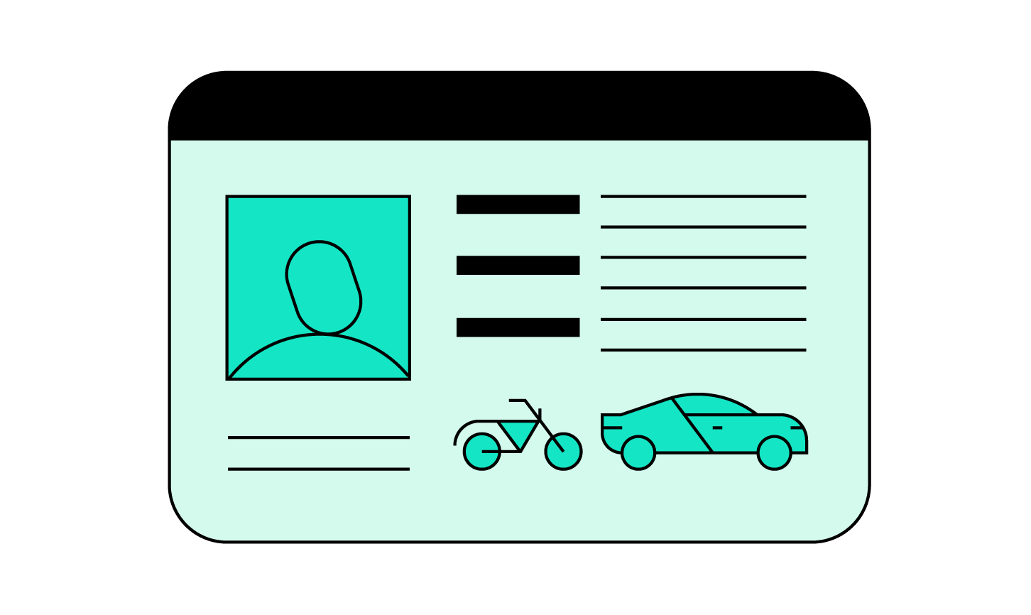 Driver's license with empty profile, text fields, bike and car icons.