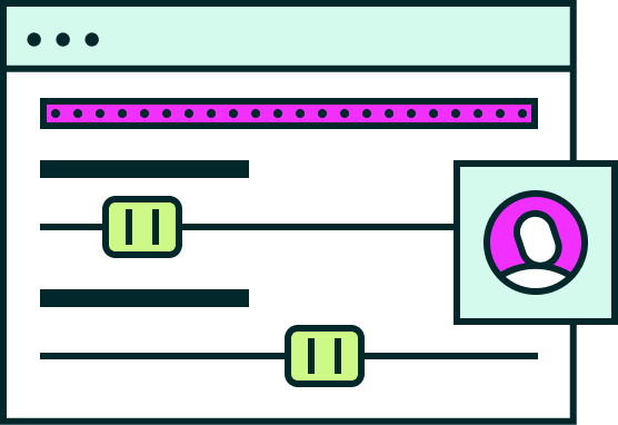 Browser UI showing a dotted bar, two sliders with pause icons, and a user profile.