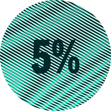 Circular graphic featuring '5%' on dark and teal diagonal stripes.