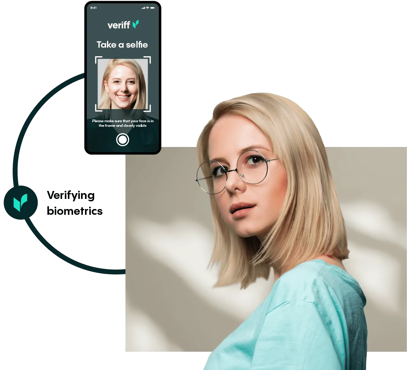 Woman taking a selfie for biometric verification using the Veriff app.