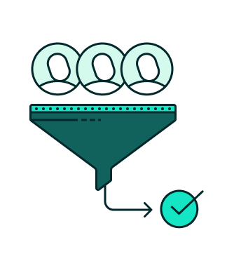 People icons filtered through a funnel to a checkmark.