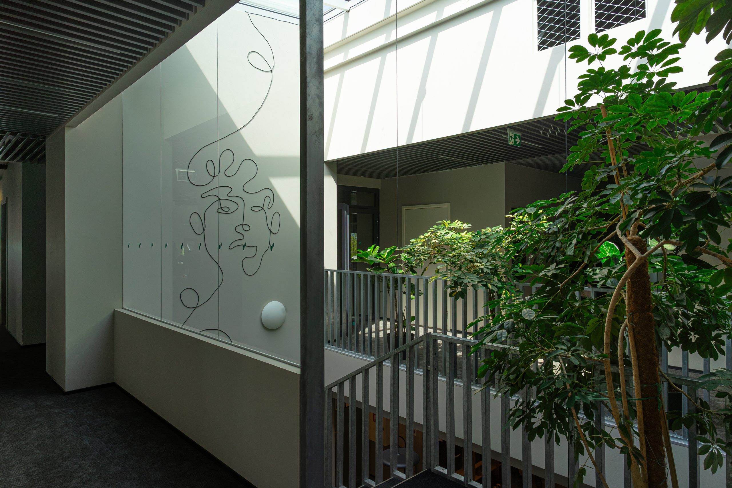 Modern interior with glass wall line art, green plants, and a staircase under a skylight.