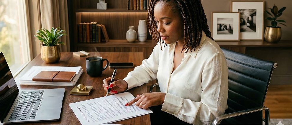 A woman with dreadlocks signs a document at a wooden desk with a laptop and coffee mug.