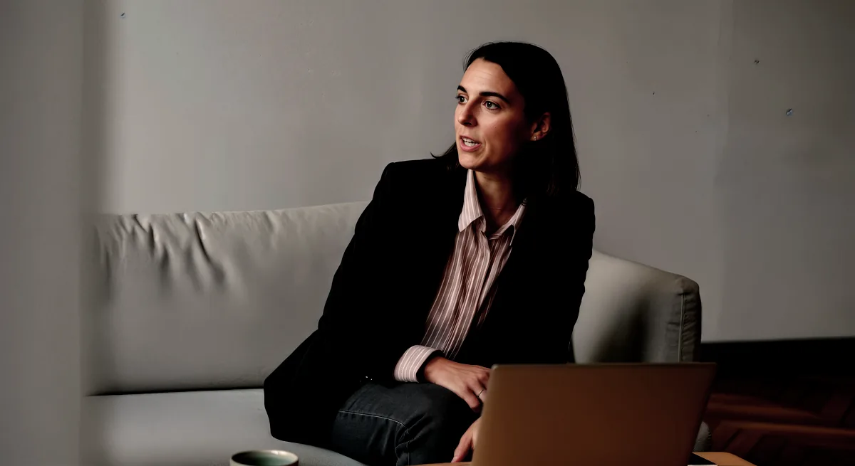 A focused woman in a blazer sits on a sofa, engaged in conversation, with a laptop nearby.