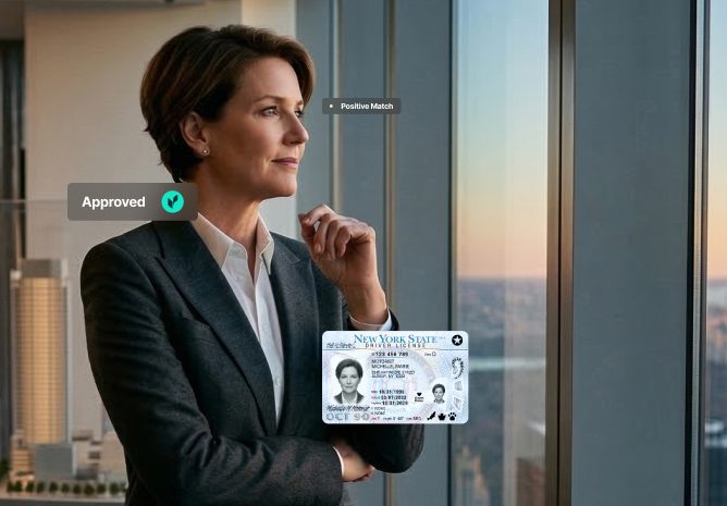 Businesswoman with 'Approved' badge and NY driver's license, indicating successful identity verification.