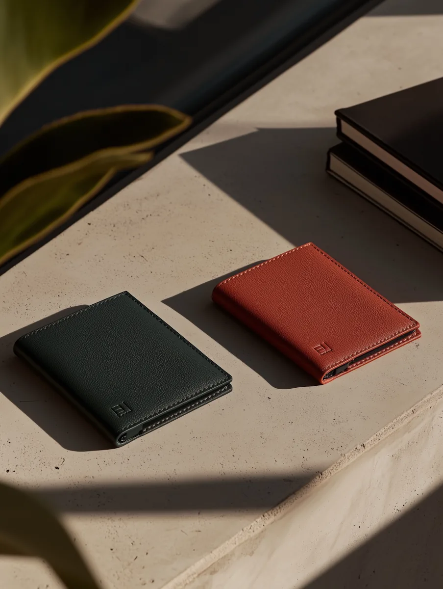 Two premium leather wallets, one dark green and one terracotta, lying side-by-side on a concrete surface.