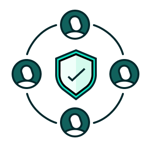 Security shield with checkmark protects four connected user icons.