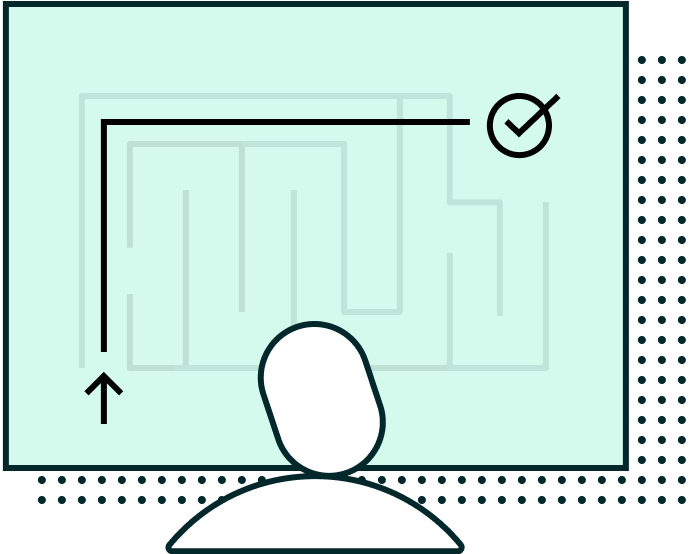 Person views screen: solved maze path with checkmark.