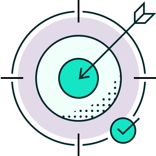 Target with arrow hitting bullseye and a checkmark.