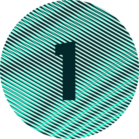 Circular icon with a dark '1' on diagonal teal and black stripes.