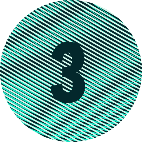 Dark teal number 3 in a striped teal and dark blue circle on a green background.