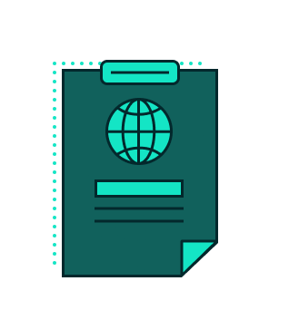 Stylized teal document icon with a globe, suggesting international data or a passport.